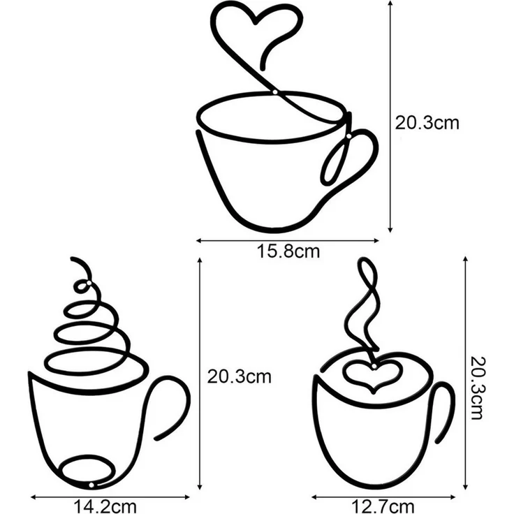 Agger Wandbild Wanddeko Metall Schwarz Kaffeetasse Wanddekoration, Metallbilder, (3 St), Wanddeko Küche Esszimmers Wohnzimmers Café Arbeitszimmers – Bild 3