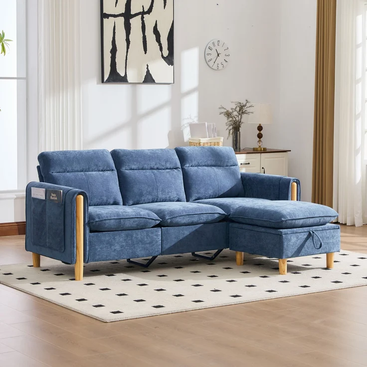 DESVIAE Sofa L-Form mit Stauraumhocker und Seitentaschen 201x77x86 cm Chenille Blau – Bild 1