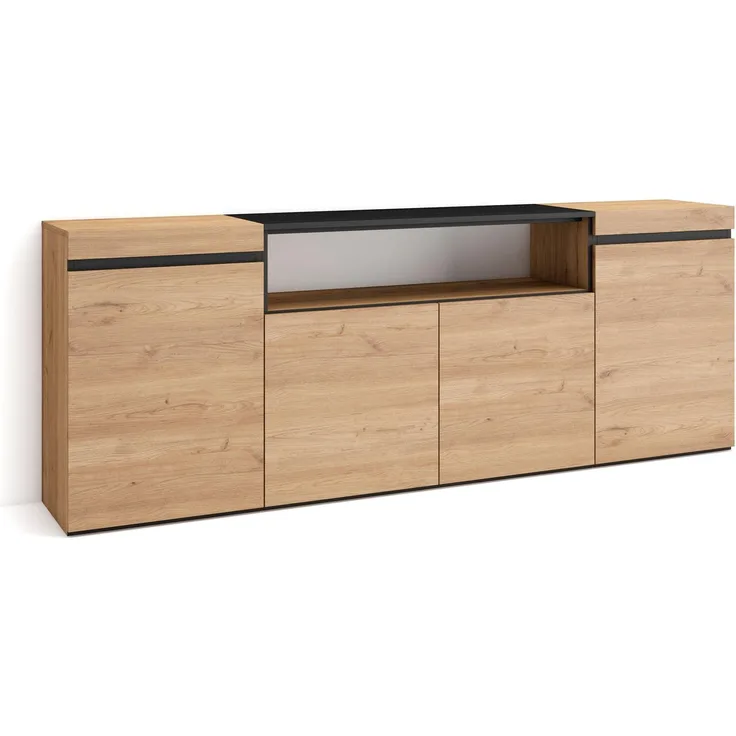 Skraut Home | Sideboard, Highboard | Kommode, Komodenschrank | 200 x 75 x 35 cm | 4 Türen | Wohnzimmer, Küche | Moderner Stil | Eiche Schwarz