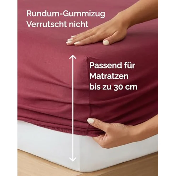 Spannbettlaken Jersey 200x200 - Baumwolle Boxspringbett 30cm - Bordeaux | Spannbetttuch, Rundumgummi, Dehnbar, Weich, Atmungsaktiv, Knitterfrei, Pflegeleicht, Baumwoll-Jersey, Bis 30cm, OEKO-TEX – Bild 5