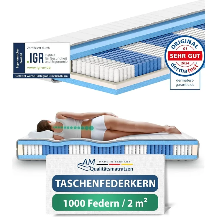 AM Qualitätsmatratzen 1000 Federn 7-Zonen Taschenfederkernmatratze 70x200 cm - 24 cm Premiumhöhe - 1.000 Federn Matratze 70x200 cm - H5