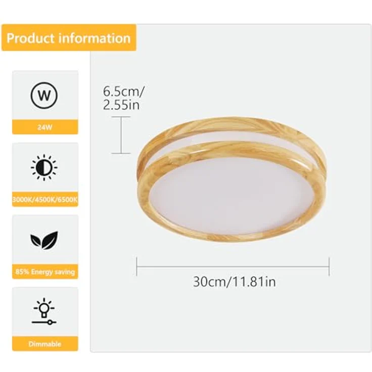 Goeco LED Deckenleuchte Flach RundDimmbar, 24W Holz Ø30CM Deckenlampe mit Fernbedienung, 3000-6500K, LED Deckenbeleuchtung Rund für Wohnzimmer Schlafzimmer Flur Küche – Bild 3
