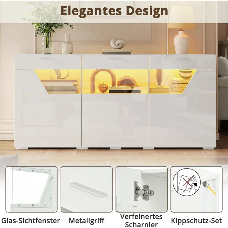 ZUBALIYA Sideboard 160x38x78 cm, mit LED-Beleuchtung, Hochglanz, mit 3 Türen, aus Spanplatte, Weiß – Bild 14