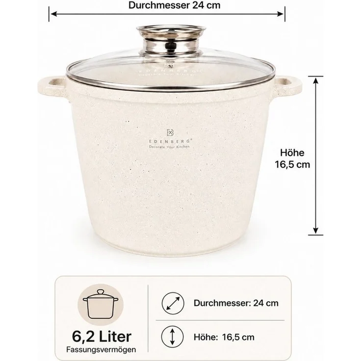 Edenberg Kochtopf 6,2L Wunderschöne, große beigefarbene Töpfe mit Steinbeschichtung, Keramik, Aluminium, Edelstahl, Aluminiumguss (Dank seines eleganten Designs, der hochwertigen Verarbeitung und des großzügigen Fassungsvermögens ist dieser Topf zudem ... – Bild 1