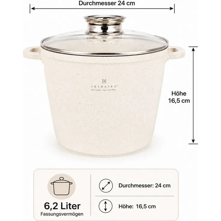 Edenberg Kochtopf 6,2L Wunderschöne, große beigefarbene Töpfe mit Steinbeschichtung, Keramik, Aluminium, Edelstahl, Aluminiumguss (Dank seines eleganten Designs, der hochwertigen Verarbeitung und des großzügigen Fassungsvermögens ist dieser Topf zudem ...