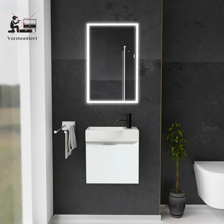 Alpenberger Badmöbel-Set - Gäste WC Waschbecken mit Unterschrank 45 cm Breit, (Badschrank 2-tlg, Waschtisch hängend), Waschbeckenunterschrank mit Softclose - Weiss - Links Becken – Bild 3