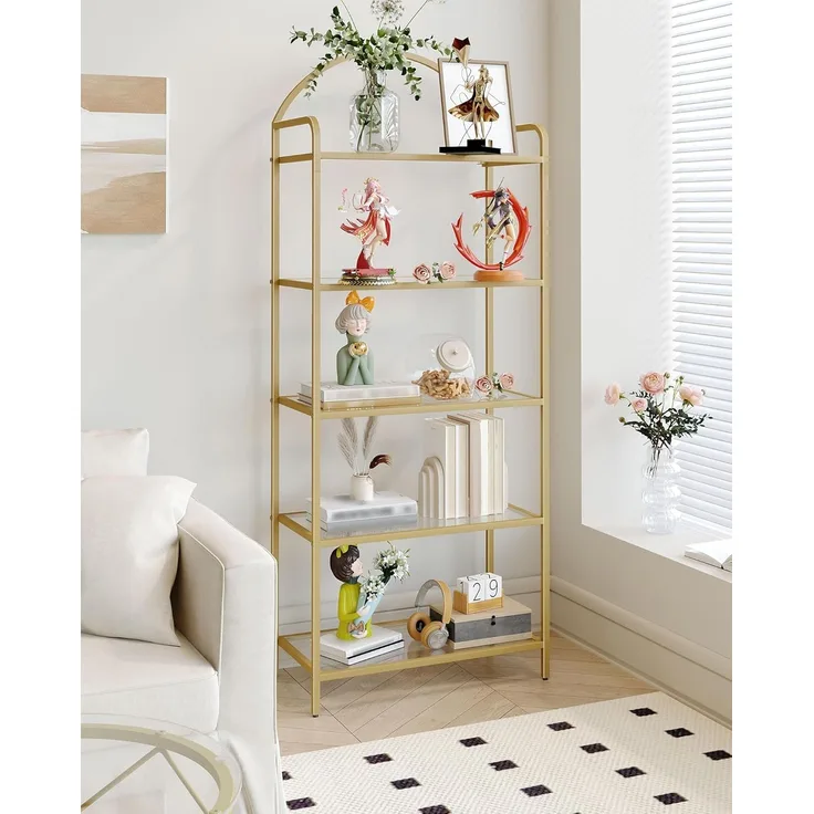 Regal, Bücherregal aus gehärtetem Glas, schlankes Regal für Schlafzimmer, Badezimmer, Heimbüro, Stahlrahmen, 5 Ablagen Gold