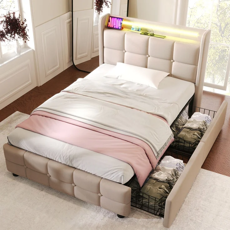 Einzelbett 90 × 200 cm mit Steckdosen,USB-Anschlüssen und LED-Beleuchtung,2 Schubladen,Leinenbezug in Beige – Bild 4
