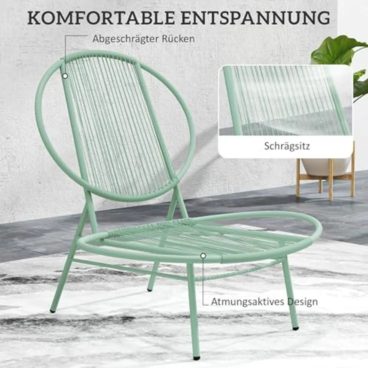 Outsunny Balkonset mit Bistrotisch, ergonomische muschelförmige Gartenstühlen, (3-teilig Gartenmöbel-Set, 3-tlg, Bistro-Set aus Stahl), für den Außenbereich, Balkon, Grün – Bild 5