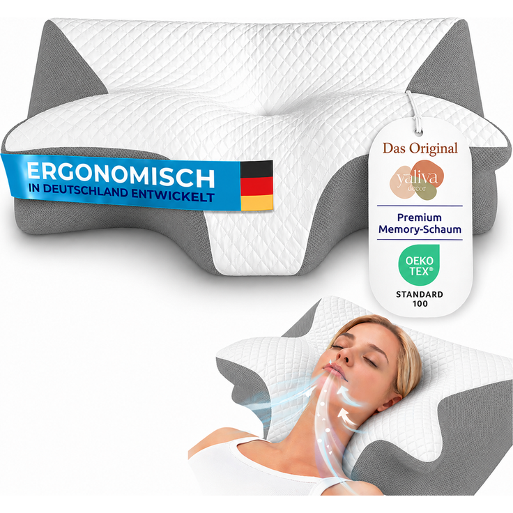 YaLiva_Decor® Kopfkissen ergonomisch, orthopädisch gegen Nackenschmerzen & mit Memory Foam, Grau, 62 x 34 x 12 cm