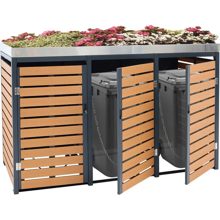 3er Mülltonnenverkleidung HWC-K14, Mülltonnenbox mit Pflanzkasten, 124x200x84cm WPC Edelstahl 107kg ~ Teak-Optik – Bild 1