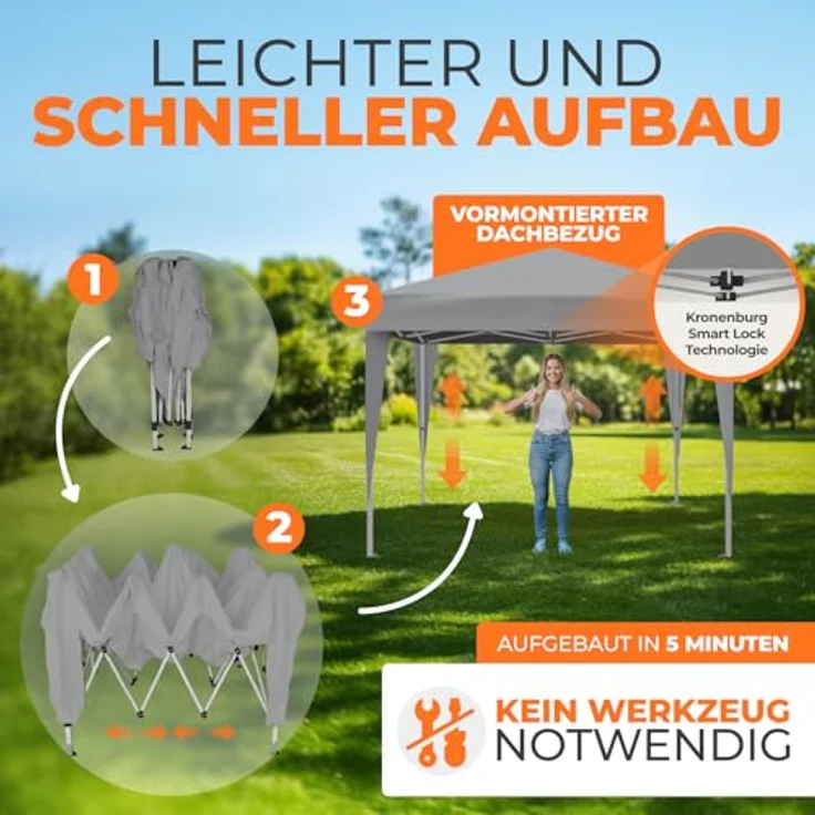 Kronenburg Faltpavillon wasserdicht Dachmaß 3x3 m UV Schutz 50+ Pavillon in Grau mit 4 Seitenteilen – Bild 5