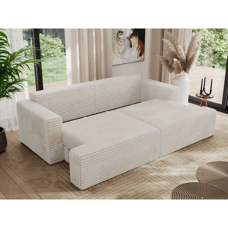 Sofa mit DL-Schlaffunktion, 4-Sitzer Sofa, Bettkasten, 240 x 115 x 88 cm, lose Kissen, Armlehnen - VIRELLA - Beige Cord – Bild 4