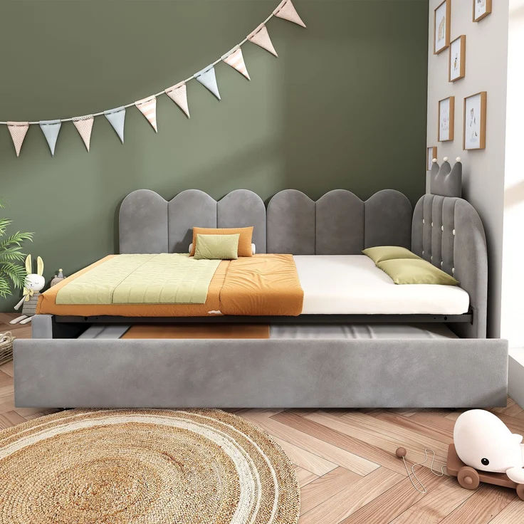 Merax Einzelbett 90x200 cm, Kinderbett, Polsterbett mit 90x190 cm Ausziehbett, Niedliches Kronen- und Gitterdesign, Samt, Grau – Bild 3
