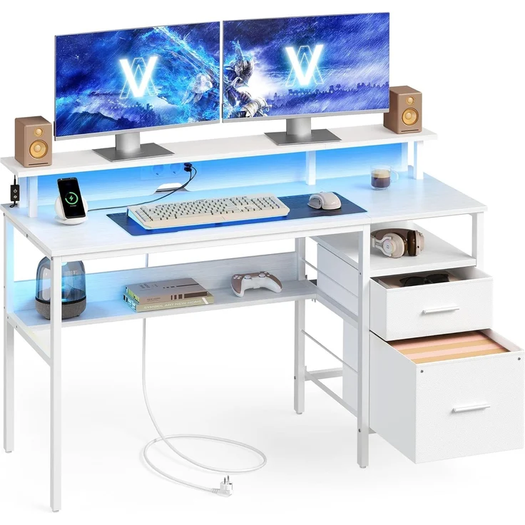 VASAGLE Schreibtisch mit Stoff-Schubladen, Computertisch mit Monitorständer, LED-Beleuchtung, 55 x 135 x 90 cm, eingebaute Steckdosen, 2 USB-A-Anschlüsse, für Homeoffice, ahornweiß LWD094W01 – Bild 1