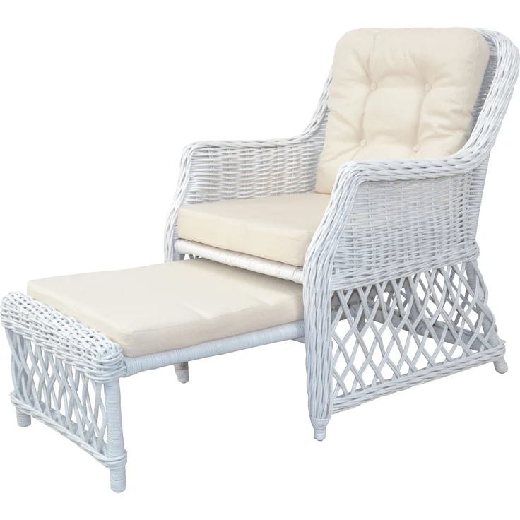 Rattansessel, Relaxsessel mit ausziehbarem Fußteil, handgeflochten, weiß – Bild 2