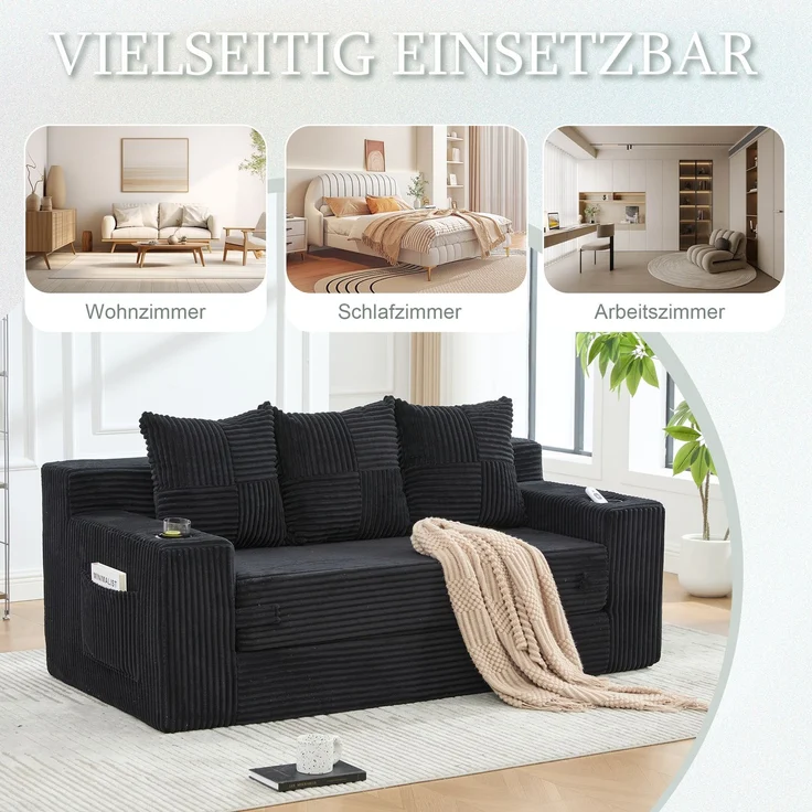 EINHOM Dreier-Sofa aus Baumwoll- und Leinenstoff, mit Getränkehalter und seitlichen Taschen, kann in drei Sitzplätze umgewandelt werden, rahmenloser Design mit gestrickten Kissen und Rückenlehne, großes Sitz – Bild 6