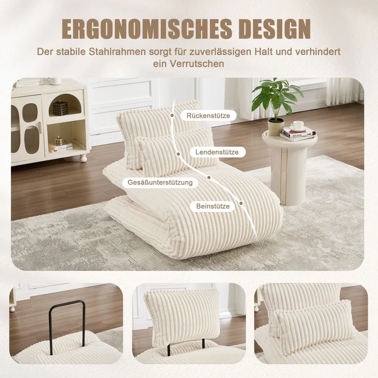 LVHOM Schlafsessel mit Bettfunktion, 227 cm Klappsessel Bodensessel mit Stahlrahmen, klappbarer Relaxsessel inkl. 2 Kissen, bis 150 kg belastbar, Cord Beige – Bild 3