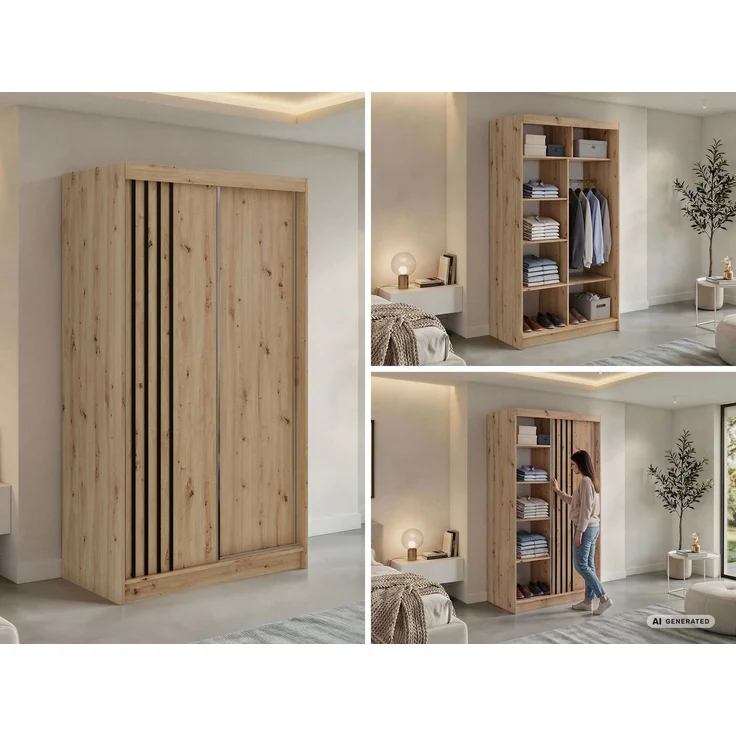 Schwebetürenschrank NAURU mit Lamellen-Optik, moderner Kleiderschrank, Breite 120 cm, inkl. Innenausstattung & Stauraum, Akustikpaneel-Design - Eiche Artisan und Schwarz – Bild 2