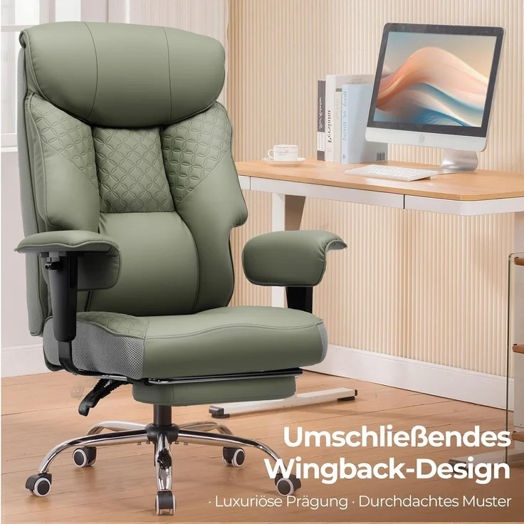 COMHOMA Gaming Stuhl für Große und Schwere Personen, ergonomischer Bürostuhl bis 180 kg, 3D Sitzkissen, verstellbar mit Fußstütze, PU-Leder, hoher Komfort für Büro & Gaming grün – Bild 7