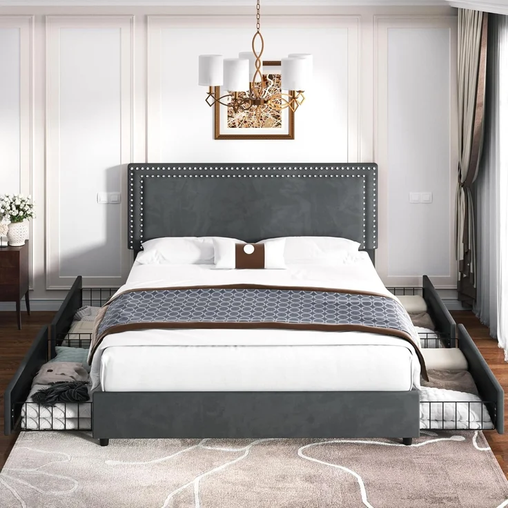 VECELO Polsterbett 140x200 cm Doppelbett mit 4 Schubladen und Höhenverstellbarem Kopfteil, Bettrahmen mit Lattenrost, Gepolstertes Bettgestell, Kein Boxspring erforderlich, Samt, Ohne Matratze, Grau – Bild 3