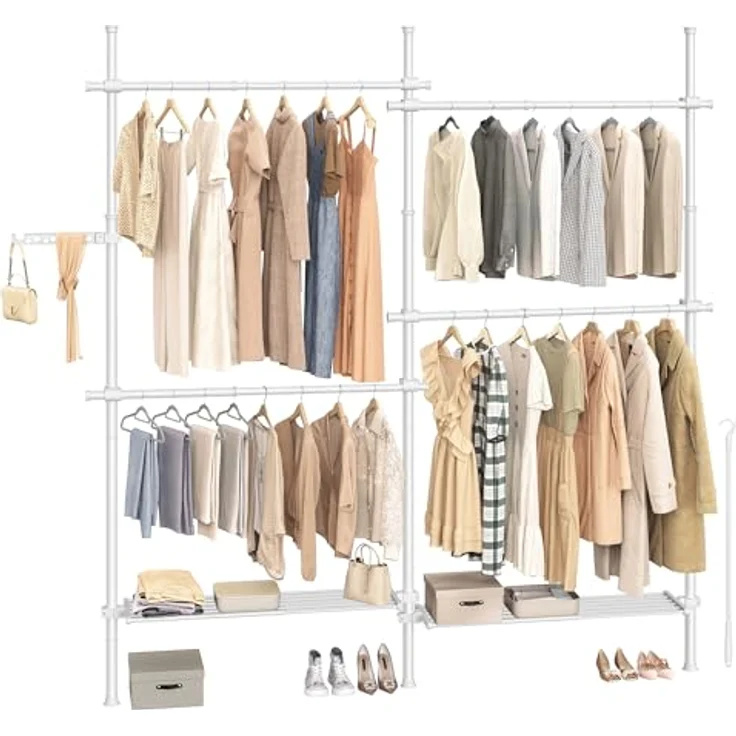 Songmics Teleskopstange Kleiderständer, 3-stufige Garderobe, höhen- und breitenverstellbar, offener Kleiderschrank mit 4 Kleiderstangen und 2 abnehmbaren Ablagen, Greifarm, mattweiß HSR154W01 – Bild 2