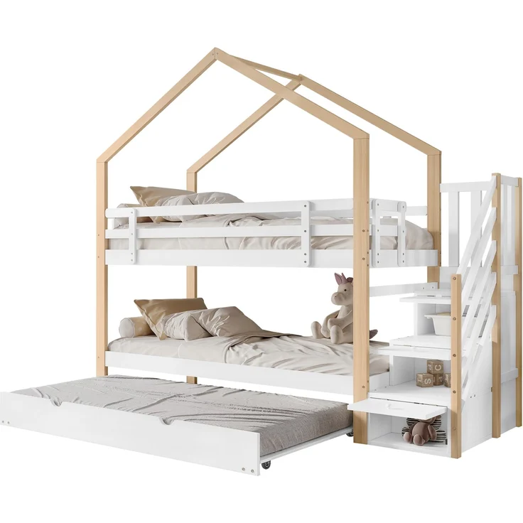 Merax Etagenbett, Ausziehbares Baumhausbett, Schiebebett, Treppe mit 4 Schubladen, Kinderbett mit Absturzsicherung und Kinderbettgitter, mit Lattenroste, Natur+Weiß (90x200cm&90x190cm) – Bild 10