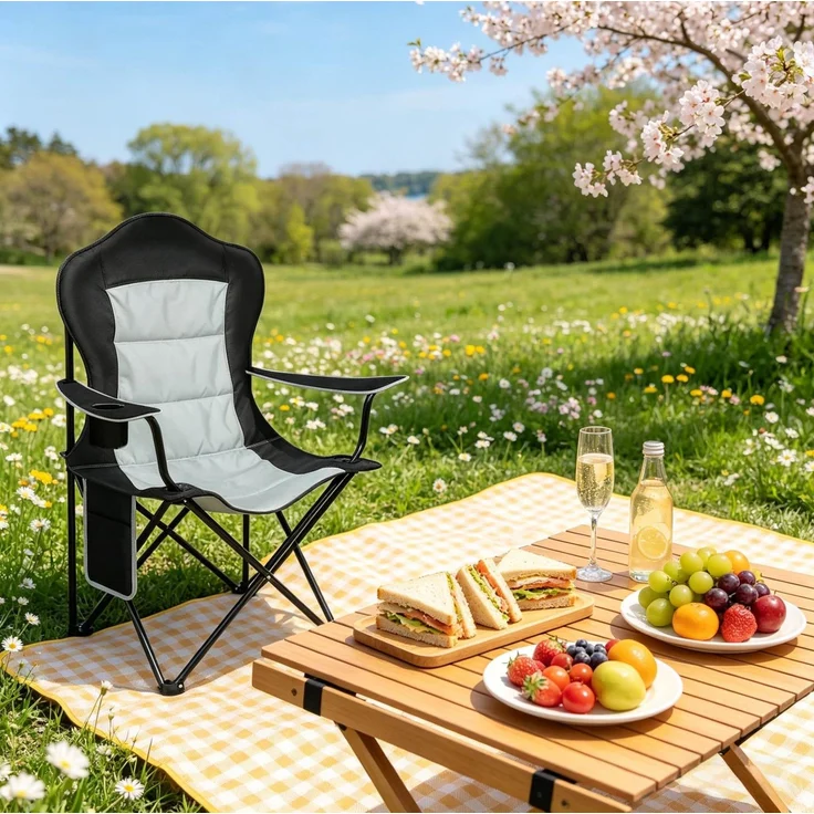 Klappstuhl 84x110x62 cm mit Tassenhalter und Seitentasche – Strandstuhl aus 600D Oxford und Eisenrohr – Bild 2