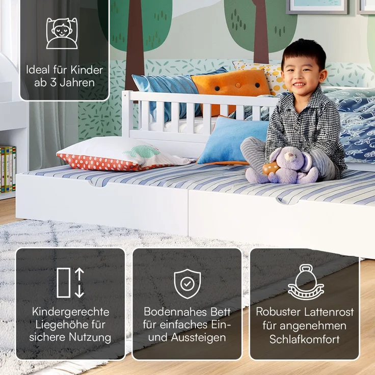 Bellabino 'Vils' Kinderbett 90x200 cm mit Gästebett 90x190 cm, weiß, Kiefer Massivholz, Montessori Bett mit Ausziehbett, mit abnehmbarem Rausfallschutz und Lattenrost – Bild 3