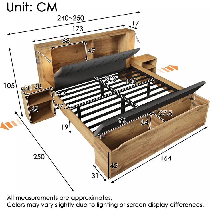 Rayofly-Doppelbett H 200cm x T 160cm x B 200cm, Holzbett mit klappbarem Kopfteil aus Leinenstoff, Stauraum, 2 Nachttische, Bettbank mit Stauraum, Leselampen mit USB, Lattenrost, Eiche, mit Matratze – Bild 2