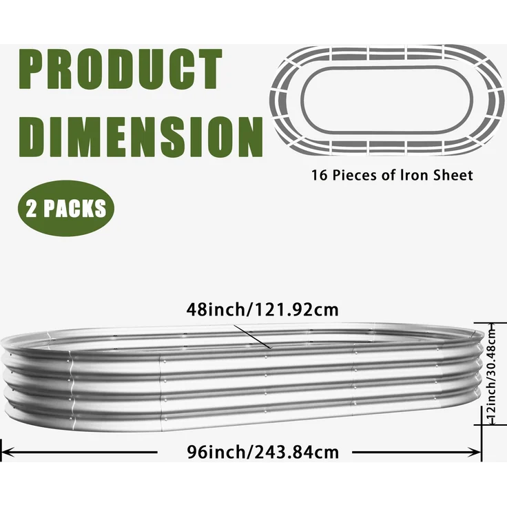 Wohnora-Hochbeet aus Metal Verzinkte Pflanzer erhöhte Gartenbett-Kit, Gartenbetten für im Freien für Gemüse, Blumen und Kräuter, Heavy Duty, rostbeständig, einfache Montage, 2pcs 8x4x1ft,H 305cm x T 2438cm x B 122cm,Silber – Bild 5