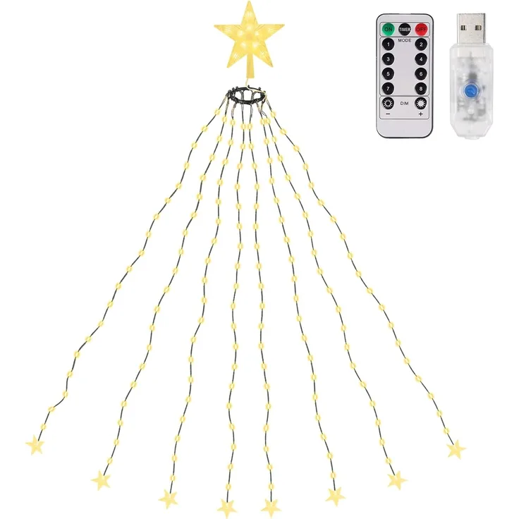 SALCAR 1,5m Christbaumbeleuchtung mit Ring, Weihnachtsbaum Lichterkette und 1 Weihnachtsbaumspitze Stern,