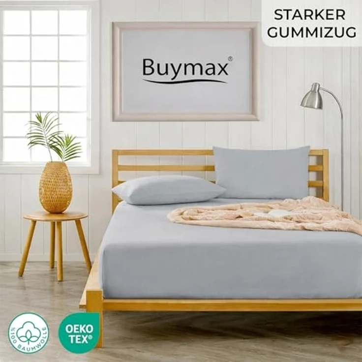 Buymax Spannbettlaken 100x200 cm Doppelpack 100% Baumwolle Spannbetttuch Bettlaken Jersey, Matratzenhöhe bis 25 cm, Farbe Silber – Bild 2