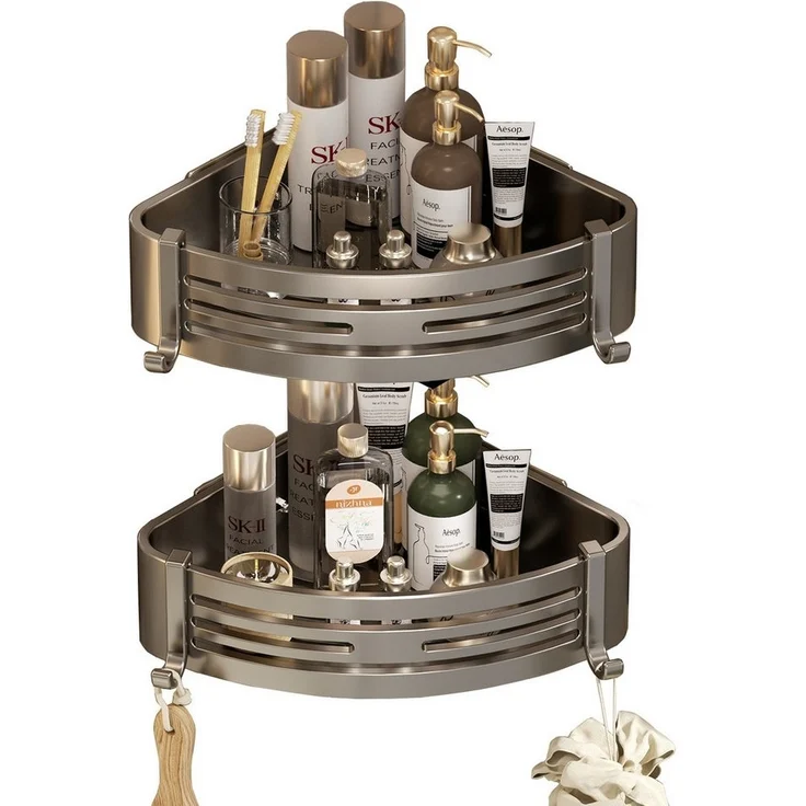 Refined Living Duschregal 2-Stück Eckregal ohne Bohren aus rostfreiem Aluminium für die Dusche, Badezimmer Duschablage Selbstklebendes Oder Bohren 2-tlg, mit 4 Klebeflächen und 4 Haken,für Bäder Küchen Duschgel(Grau&Schwarz) – Bild 1