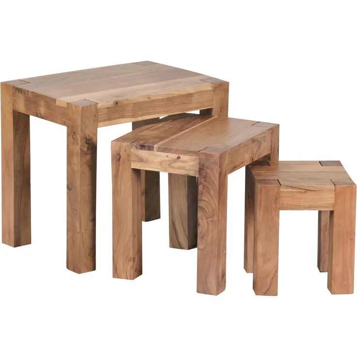 Wohnling Satztisch, Beistelltisch 3er Set, Massiv-Holz, Akazie, Dunkel-Braun