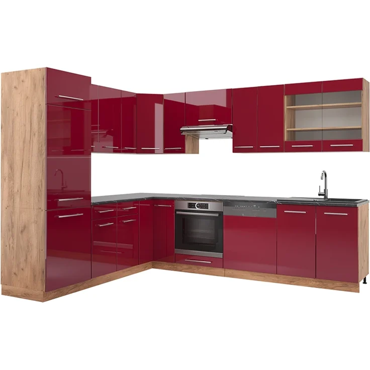 Eckküche Fame-Line Bordeaux Hochglanz/Goldkraft Eiche 287 x 46 cm ohne Arbeitsplatte Vicco – Bild 1