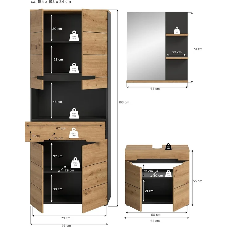 Xonox Canu Badkombination (B/H/T: 154x193x34 cm) in Basalt grau Nachbildung und Artisan Nachbildung – Bild 3