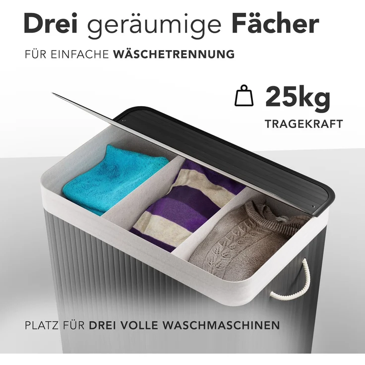 Bambus Wäschekorb 3 Fächer, 150L Wäschesammler mit Deckel & herausnehmbarem Sack – Bild 3