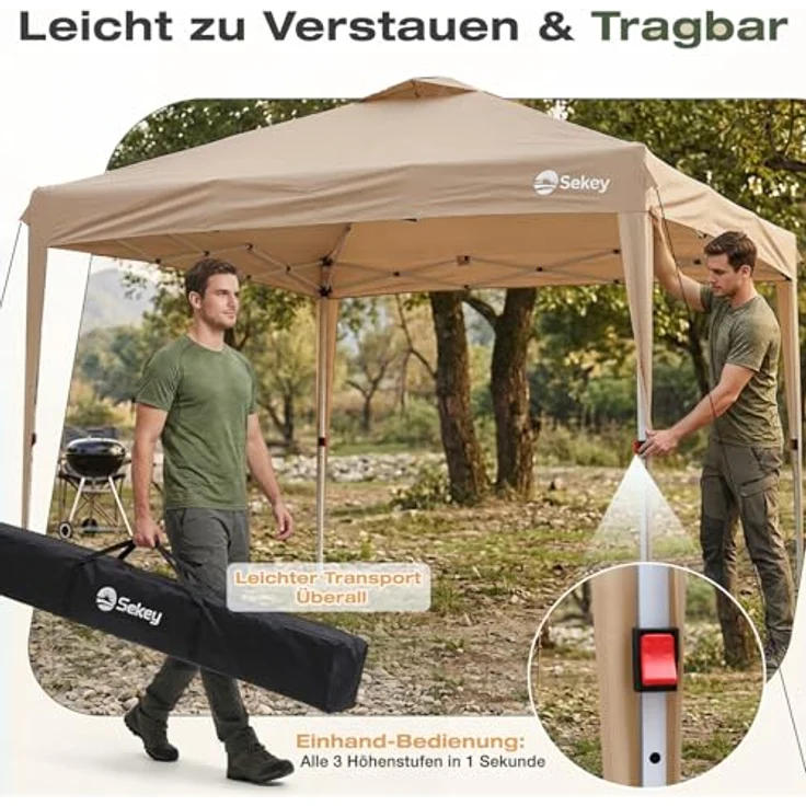 Sekey Pop Up Pavillon Wasserdicht Stabil Winterfest mit Seitenwänden, Faltpavillon 3 x 3 m, Camping Pavillion Faltbar Partyzelt mit Belüftung, Designer Serie 3x3, (Beige, 3x3 Mit Seitenwänden) – Bild 7