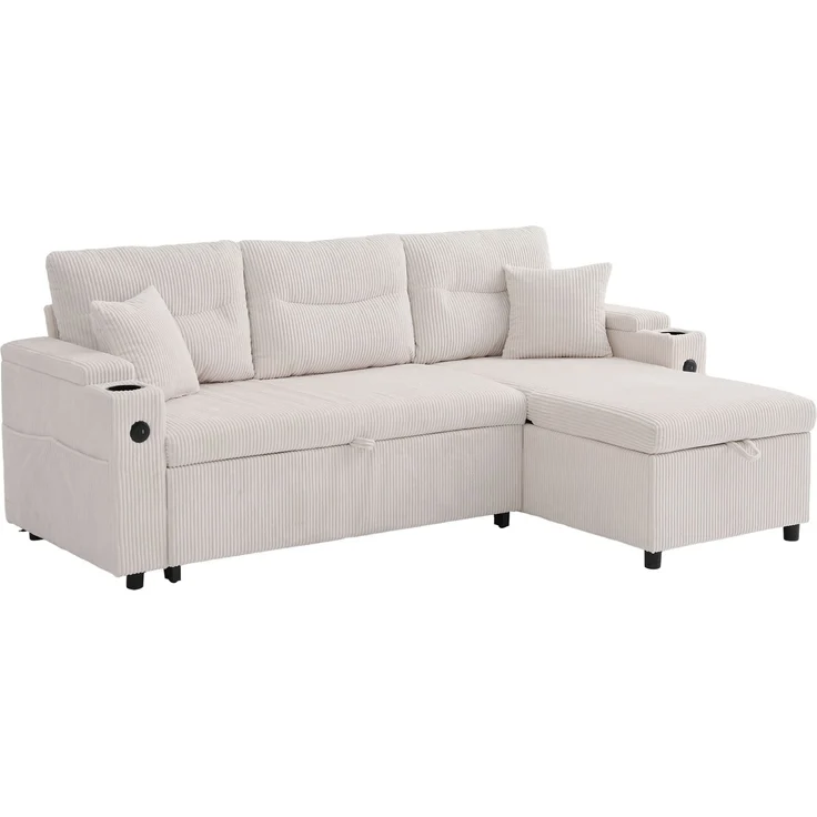 LVHOM Ecksofa mit Schlaffunktion L-Form, Schlafsofa mit Bettkasten, Loungesofa mit USB-C-Anschluss, Seitentaschen und Becherhaltern, Polstersofa aus Cord, Bettsofa ausziehbar 3 Sitzer – Bild 2