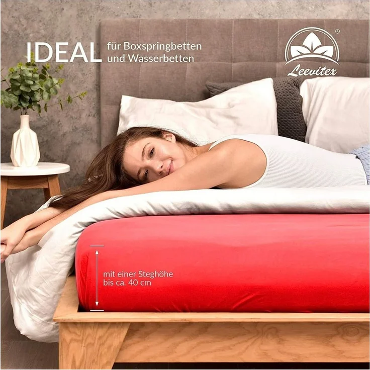 leevitex® Spannbettlaken, Premium 170g/m², Gummizug: rundum, schwer und dick, 100% Jersey-Baumwolle, Rot / Signalrot, 140 x 200 - 160 x 220 cm – Bild 4