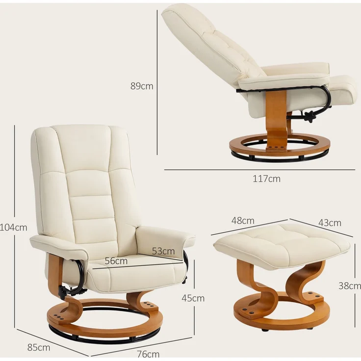 HOMCOM Relaxsessel mit Hocker, Kunstleder, Holz, Cremeweiß, 76L x 85B x 104H cm – Bild 3