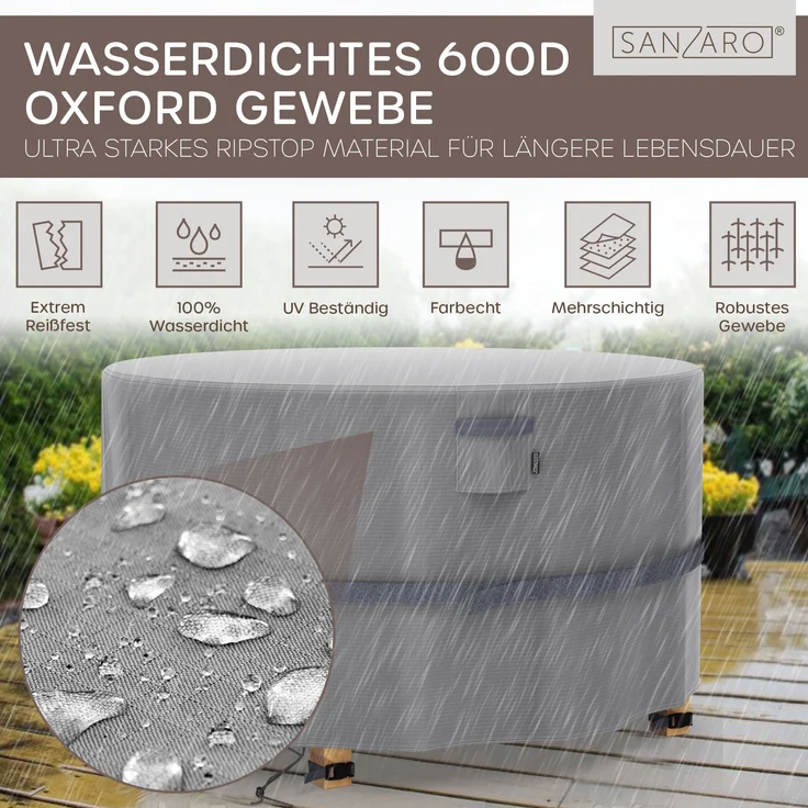 SANZARO Gartenmöbel Abdeckung Rund für Gartentische Winterfest - 600D Oxford Gewebe mit RipStop-Technologie, UV-Beständig, Wasserdichte Abdeckhaube für Outdoor Möbelsets, Ø 230x100 cm – Bild 2