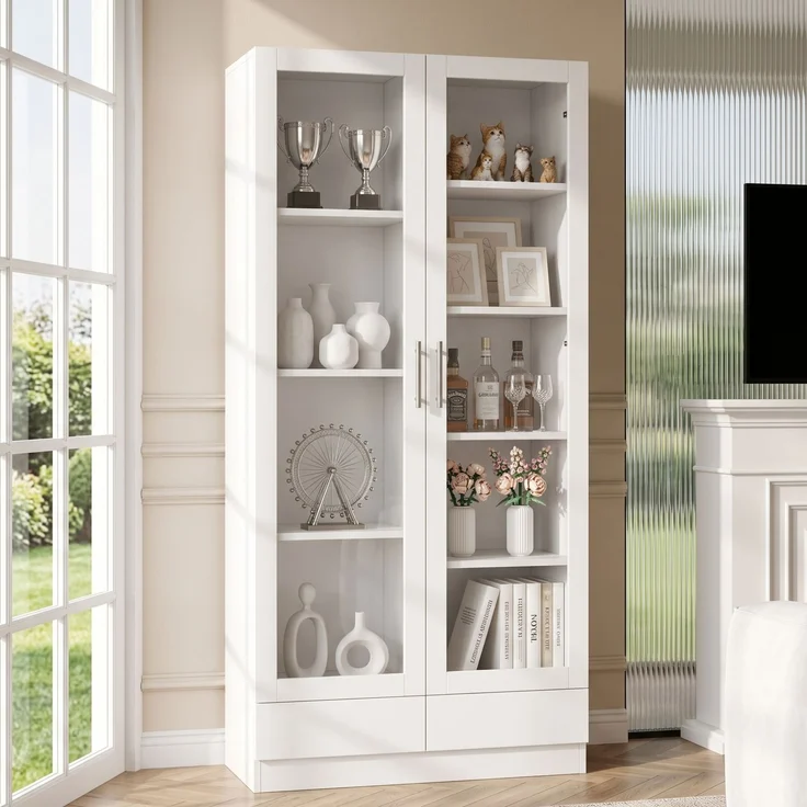 Glastürschrank, Aktenschrank, Figurenschrank, Büroschrank, Hochschrank & Aufbewahrungsschrank mit 2 Schubladen, Weiß, Maße 80×40×160 cm--Weiß--160x40x80cm--YOUDENOVA – Bild 4