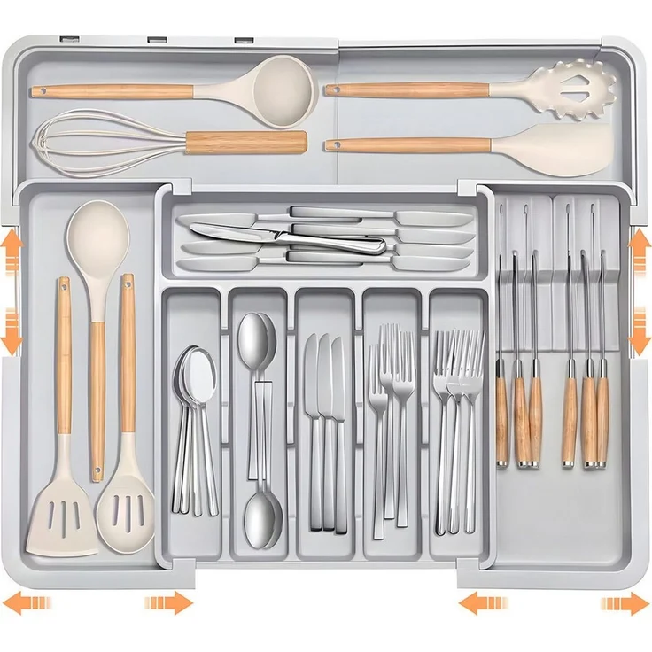 AIMAX Organizer Ausziehbarer Besteckkasten für Schubladen mit Abnehmbar Messerhalter (PP Besteckhalter Besteckeinsatz Schubladeneinsatz Besteckorganizer, 1 St, 9 Fächer, Platzsparend & Erweiterbar 33–36.8 bis 48.2–55.8 cm(Grau), Küchenschubladen Organi... – Bild 1