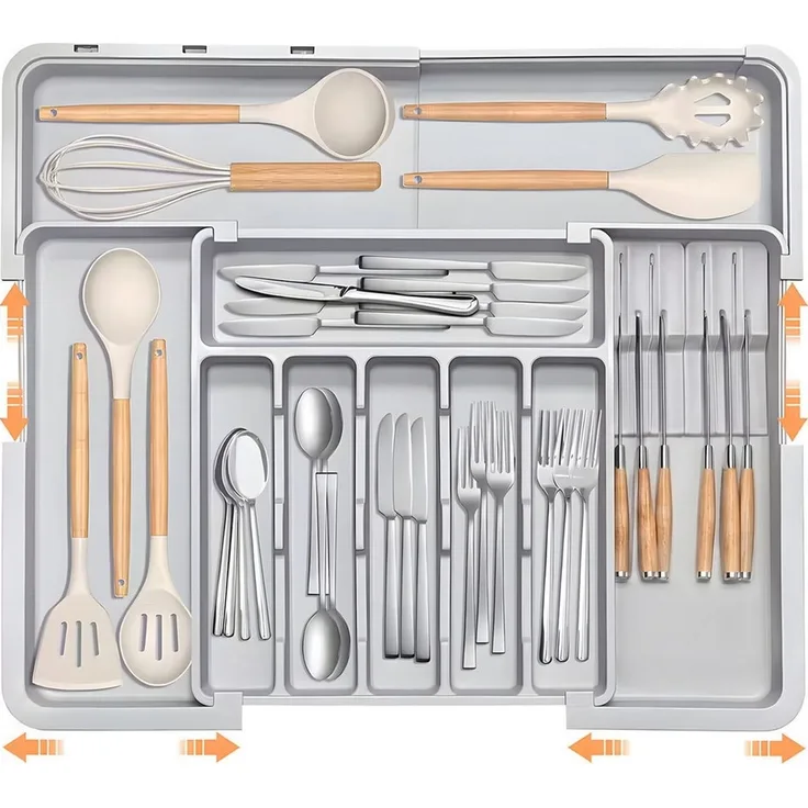 AIMAX Organizer Ausziehbarer Besteckkasten für Schubladen mit Abnehmbar Messerhalter (PP Besteckhalter Besteckeinsatz Schubladeneinsatz Besteckorganizer, 1 St, 9 Fächer, Platzsparend & Erweiterbar 33–36.8 bis 48.2–55.8 cm(Grau), Küchenschubladen Organi...