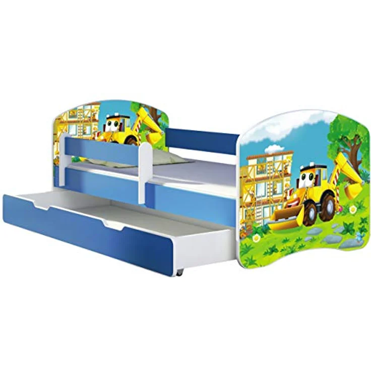ACMA Kinderbett Jugendbett mit Einer Schublade und Matratze Blau mit Rausfallschutz Lattenrost II 140x70 160x80 180x80 (20 Bagger, 160x80 + Bettkasten) – Bild 2