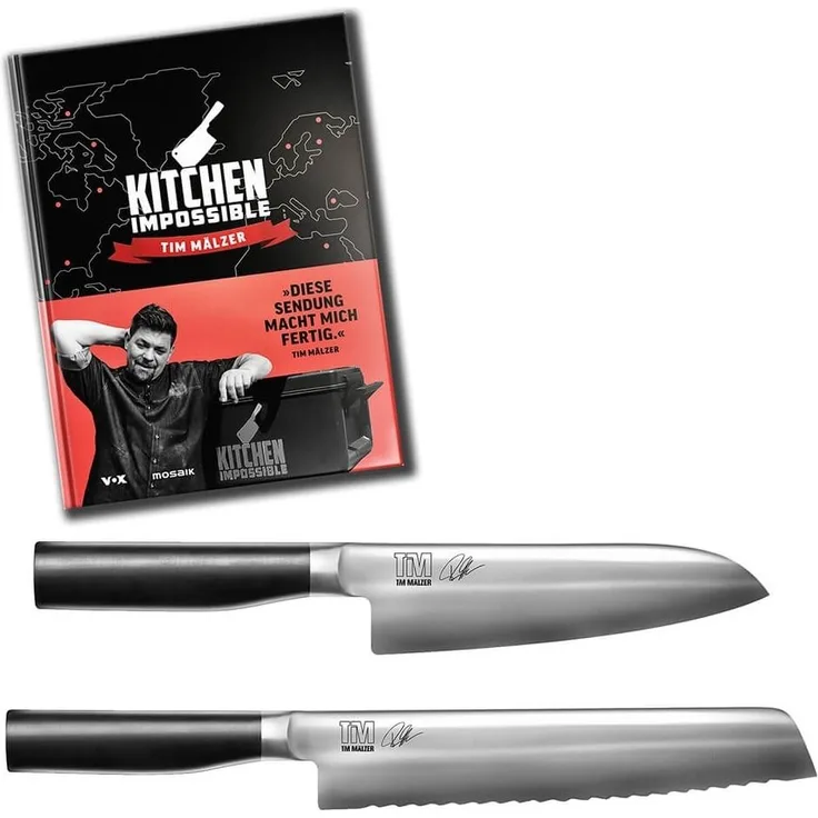 Monster-Set 3-tlg. Tim Mälzer Kochbuch und zwei Kamagata Messer KAI Küchenmesser, Handpflege