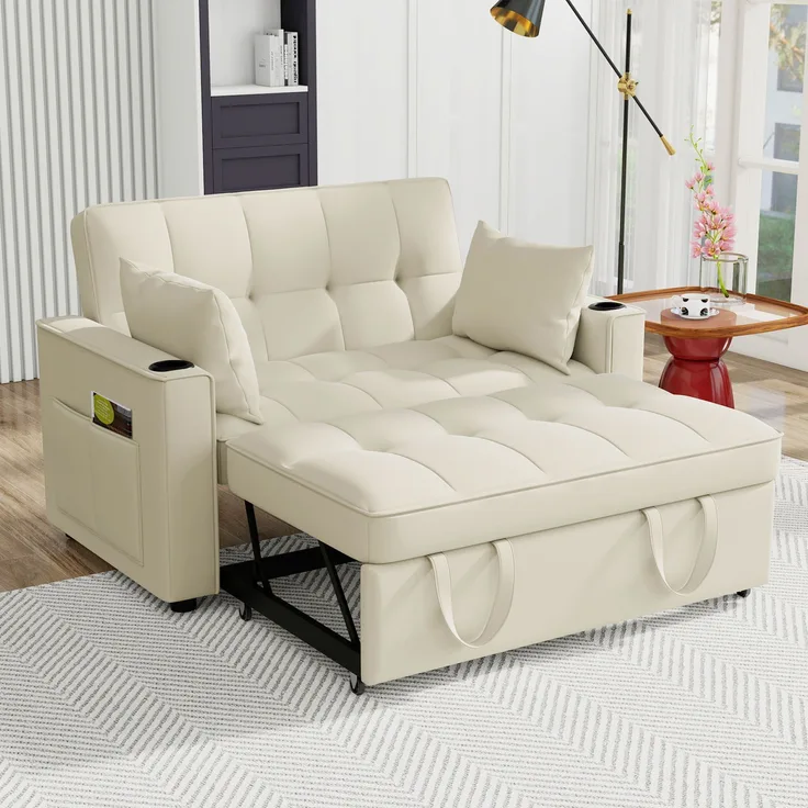 Multifunktions-Schlafsofa Samt Beige, 3-fach verstellbar mit Getränkehalter, 137x76,5x83 cm