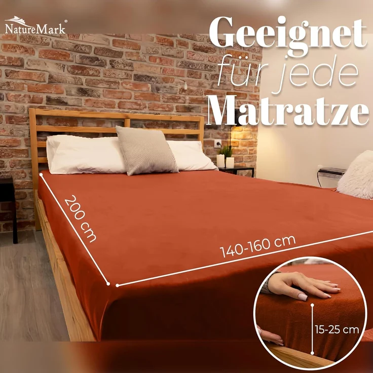 NatureMark Spannbettlaken Winter Thermo Fleece Spannbettlaken, 80% Baumwolle und 20% Polyester, Gummizug: rundum, (1 Stück), 140 x 200 cm bis 160 x 200 cm - Terrakotta – Bild 4